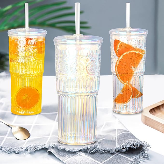 Bandesun All Glass Iced Coffee Cup With Lids and Straws，24 OZ Rainbow High Borosilicate Glass Tumbler for Water Smoothie Juice Drinks