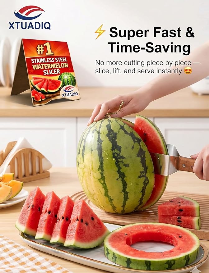 Stainless Steel Watermelon Slicer, 2026 New Triangle Watermelon Cutter, Stainless Steel with Wooden Handle for A Wide Variety Watermelon, Cantaloupe, Honeydew, Apples, and More (3pcs)