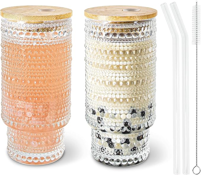 2 Pcs 16 oz Glass Cup with Lids and Straws Brush Hobnail Vintage Glasswar for Juice Iced Coffee Soda Cocktail Whiskey(Hobnail*2)