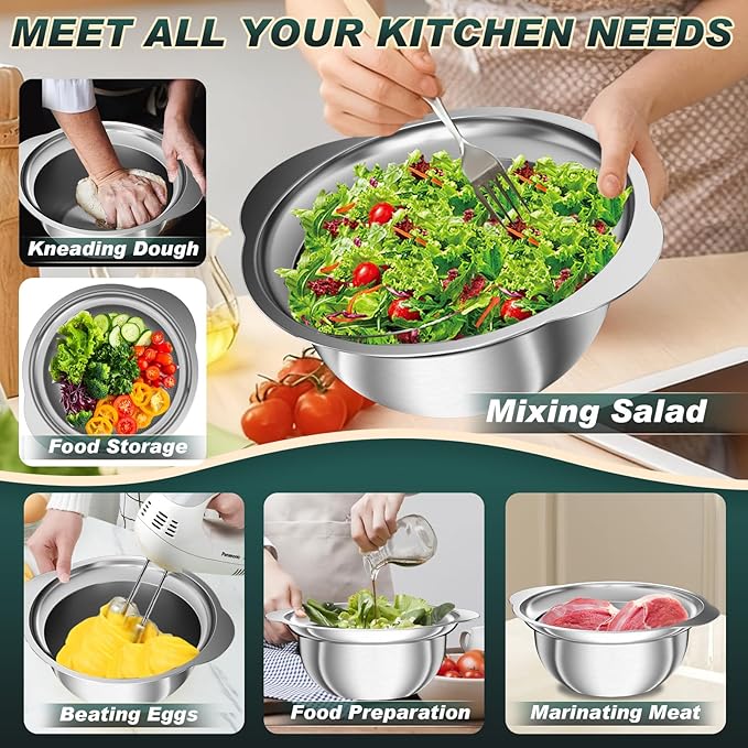 Stainless Steel Colanders with Mixing Bowl - 3.0QT & 2.0QT Strainer and Colander with Handle, 3.5QT Nesting Kitchen Bowl with Colander For Pasta, Vegetables, Fruit, Rice, 3PCS