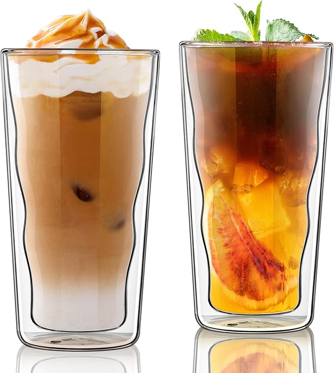 Joeyan Double Wall Glass Tumbler, 15.2oz Wave Insulated Highball Glasses, Clear Borosilicate Tall Glass Coffee Drinking Cups for Iced Coffee, Latte, Cocktails, Tea, Smoothie, Mixed Drinks, Set of 2