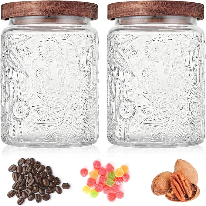 Custde 23.7 fl oz Vintage Glass Jar with Wooden Lid, Airtight Decorative Food Storage Canisters for Kitchen Counter & Pantry, Ideal for Candy, Sugar, Coffee,salt, Tea, Cereal, Flour, Oats