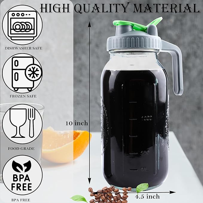 Cold Brew Coffee Maker 64 Oz Mason Jar Iced Tea Pitcher With Strainer 2 Set Half Gallon Glass Pitcher With Spout Lid 2 Quar Water Jug For Fridge Beverage, Sun Tea, Hot Cold Brew, Lemonade, Juice