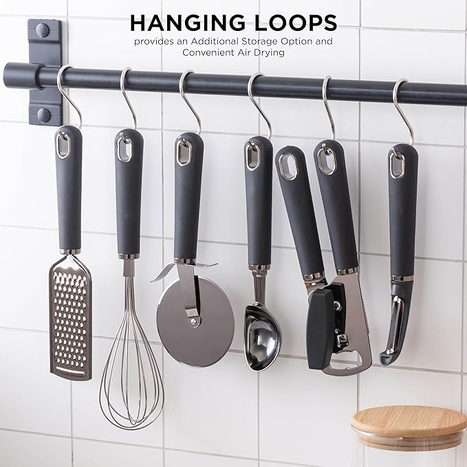 Country Kitchen 6 Pc Essentials Kitchen Stainless Steel Gadget Set Black Gun Metal with Soft Touch Black Handles for Cooking