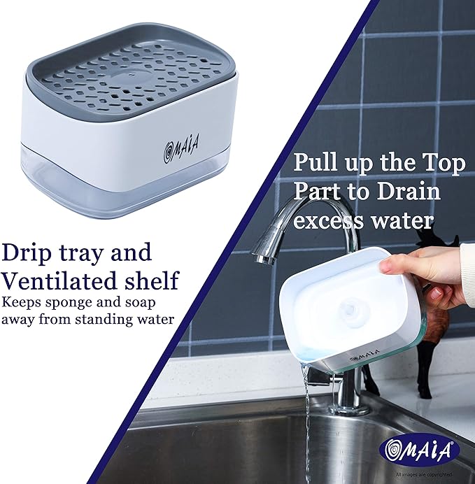 OMAIA 2-in-1 Dish Soap Dispenser with Sponge Holder - Smart Kitchen Gadget - Sink Countertop Organizer