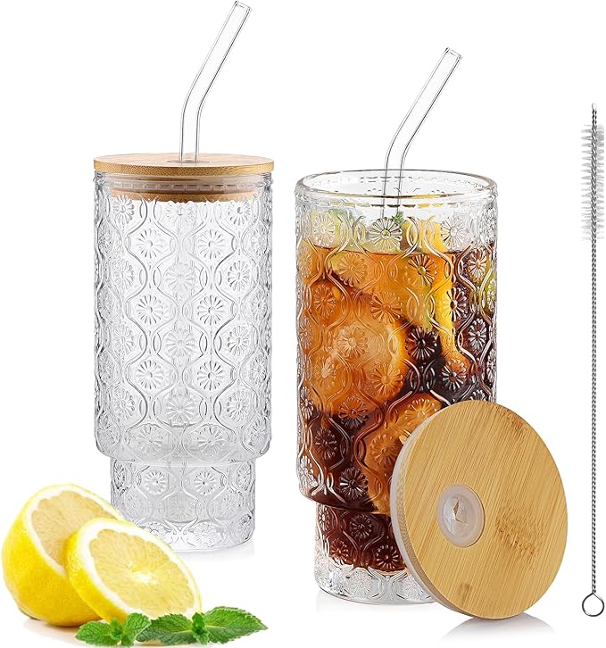 16oz Glass Cups with Lids and Straws, 2 Pack Vintage Drinking Glasses Tumblers Begonia Flower Iced Coffee Cups for Kitchen, Home, Office, Gifts