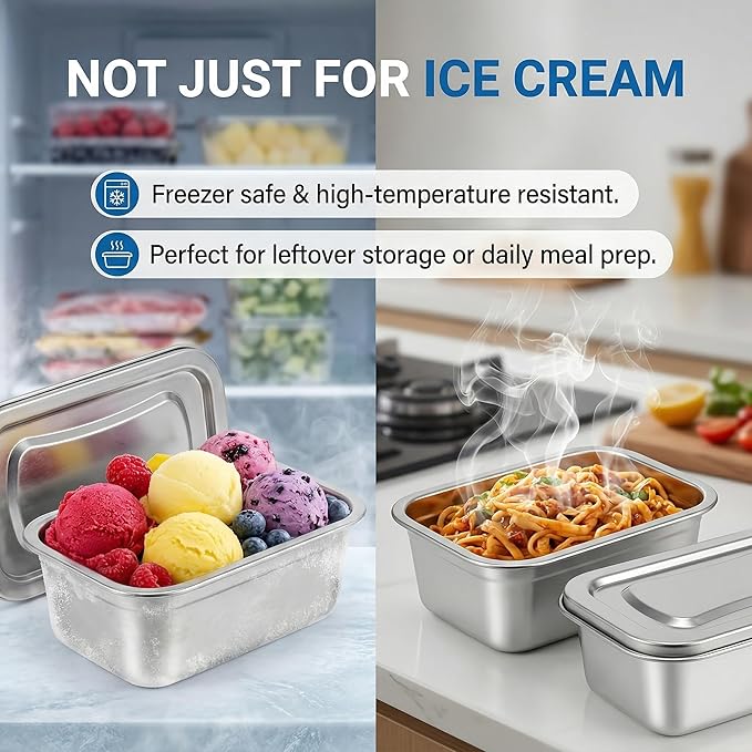 Hemoton Reusable Ice Cream Storage Containers with Lids Stainless Steel Food Keeper Freezer Box Insulated Ice Cream Tub for Refrigerator Home Made Ice Cream, 0.76 Quart Airtight Box for Frozen Yogurt
