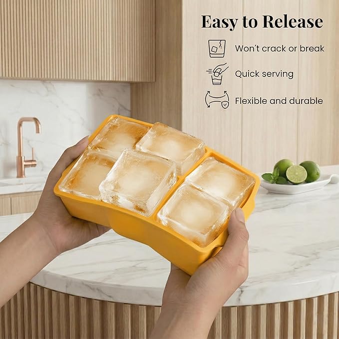 KitchFort Large Silicone Ice Cube Tray (2-Pack), Easy Release 2" Big Ice Cubes - Cocktail, Whiskey Ice Cubes Mold - Ice Trays for Freezer with Lid - Stackable Silicone Ice Tray - Mustard Yellow