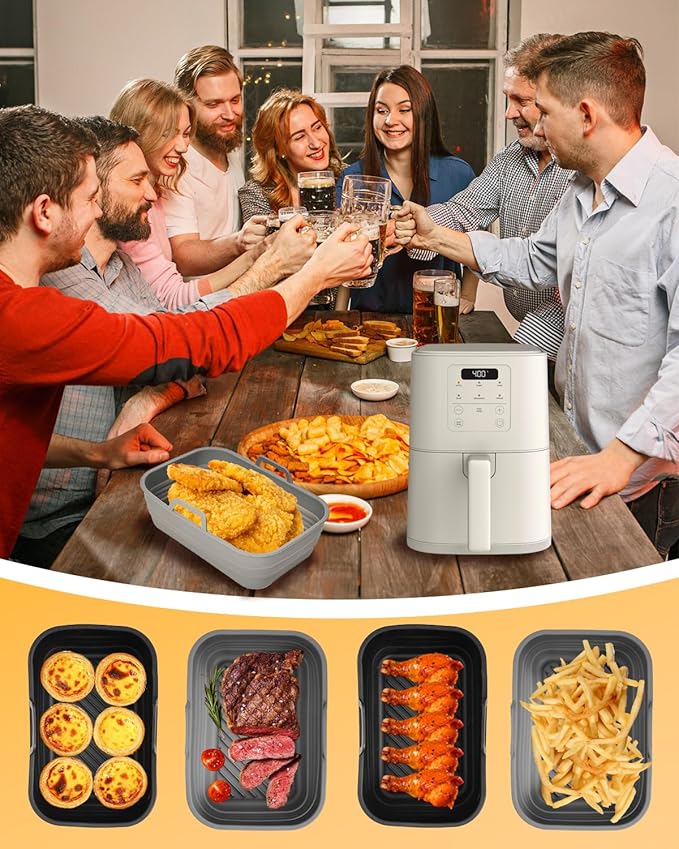 Air Fryer Silicone Liners Collapsible 2-Pack for bella 4Qt(3.3lb) Slim Air Fryer, Reusable Airfryer Silicone Pot Baking Basket Insert Accessories, Non Stick, Easy Cleaning, Gray+Black