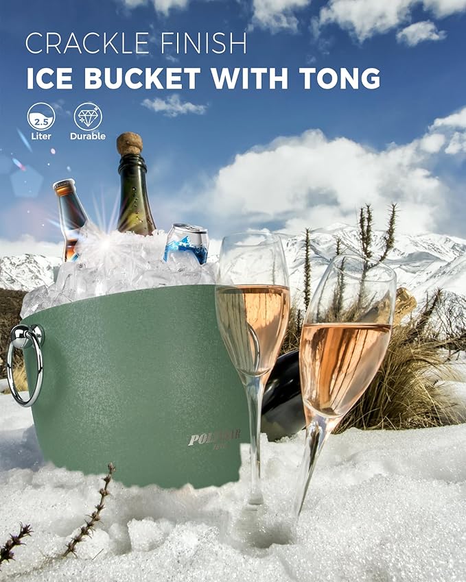 POLIVIAR Ice Bucket, 2.5L Double Wall Ice Bucket with Lid, Stainless Steel Ice Bucket with Tong & Strainer, Ice Bucket for Cocktail Bar, Home & Parties, JX2023-IBLG