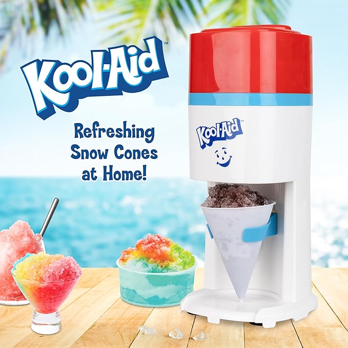 Kool-Aid Shave Ice and Snow Cone Machine, Multi-Use Ice Shaver for Frozen Treats, Slushies, Snow Cones, and More – Reusable Cup and Ice Mold, Stainless Steel Blades – Red and White