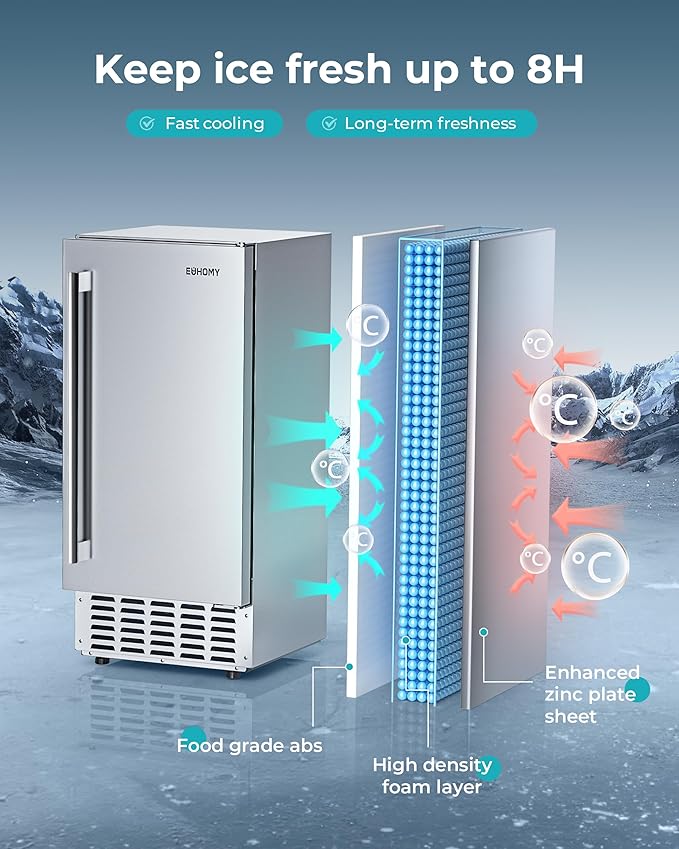 EUHOMY Under Counter Nugget Ice Maker Machine, 66Lbs/Day, Bulit-in Freestanding Ice Maker with Gravity Drainage, Self-Cleaning & 24H Timer Ice Machine, for Home Use(Silver)
