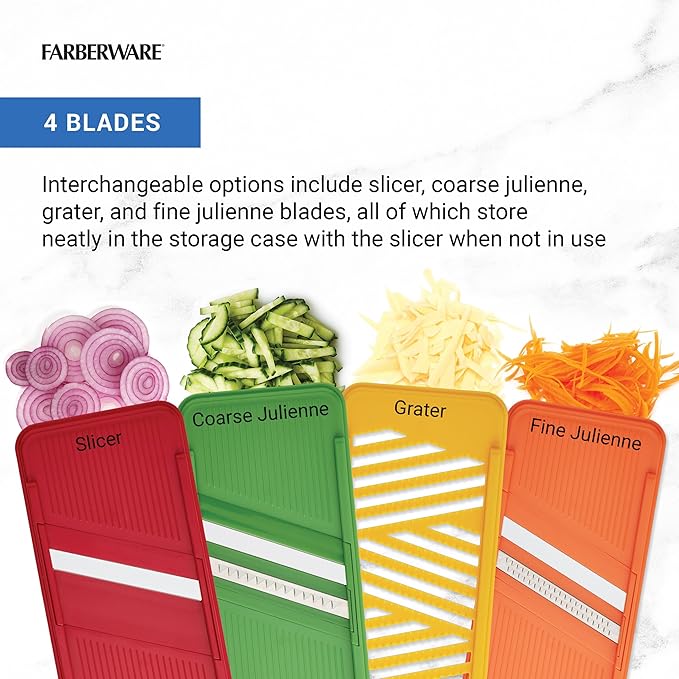 Farberware Mandoline Vegetable Slicer with 4 Blades and Container, BPA‑Free, Dishwasher Safe, Multicolored