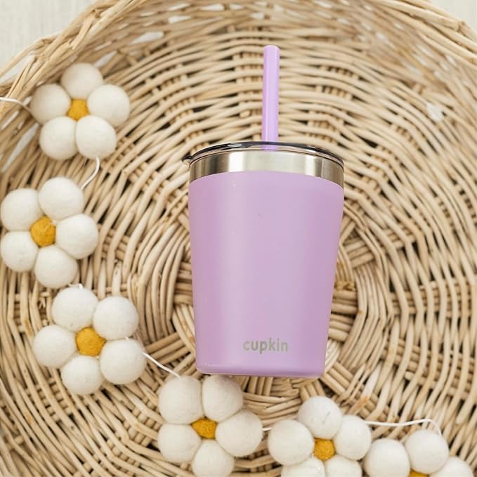 CUPKIN Stackable Stainless Steel Kids Cup Smoothie Tumbler, Powder Coated Insulated Tumblers, BPA Free Lid and Silicone Straw 8 Fl Oz (Pack of 1), Purple