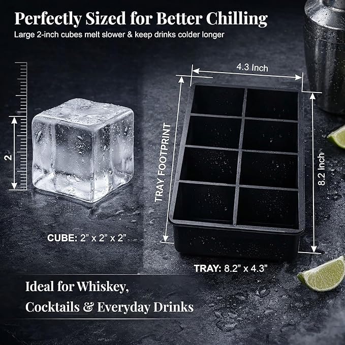Large Silicone Ice Cube Tray - 3 Pack Trays for 8 Square Cubes with Large Bin, Scoop, Tong & 2 SS Straws - Easy Release Ice Mold for Whiskey, Cocktails, Coffee (Black)