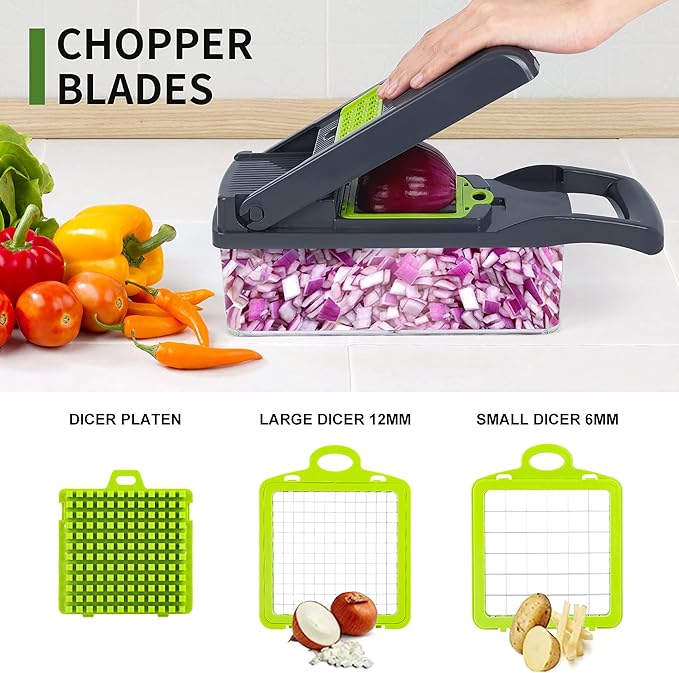 Vegetable Chopper Mandoline Slicer,Veggie Chopper, Multifunctional 10 in 1 Food Choppers, Kitchen Vegetable Slicer Dicer Cutter,Onion Mincer,Cheese,Colander Basket,Kitchen Gadgets (Gray/Green)