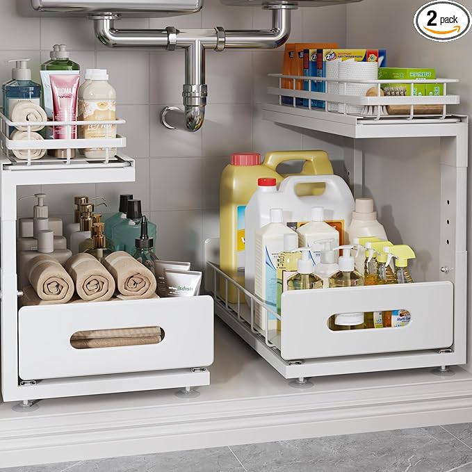 Under Sink Organizer Upgrade To Professional Rails,2-Tier Dual Pull Out Cabinet Storage,Height Adjustable Slide Out Drawers For Bathroom Kitchen,2 Pack-14.5"Dx12.8"-16.9"H,White