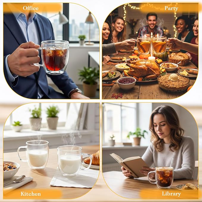 Patelai 6 Pcs 16oz Clear Glass Coffee Mugs Double Walled Coffee Cups Glasses Insulated Latte Mugs with Handle Espresso Clear Cups for Cappuccino Tea, Heat Resistant Glasses