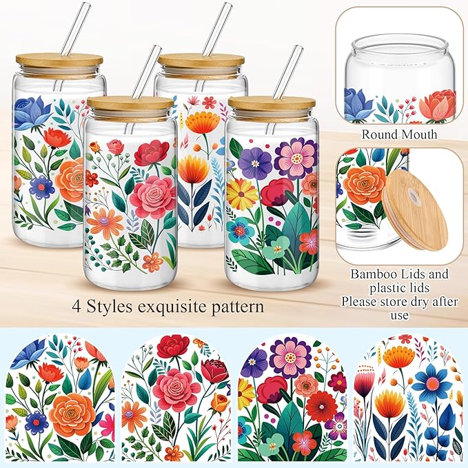 Mumufy 4 Pack Gift for Women Cute Glass Cup Tumbler Flower Iced Coffee Mugs 16 oz Glass with Bamboo Lid & Straw, Mothers Day Birthday Gift for Mom Sister Bridesmaid Baby Shower(Abstract Flower)