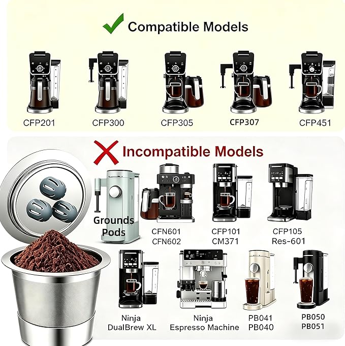 Stainless Steel Reusable K Cups Compatible with Ninja Coffee Maker, K Cup Reusable Coffee Pods,Permanent Reusable Coffee Filters for Ninja CFP201 CFP 300 CFP305 CFP400 (1Pack)