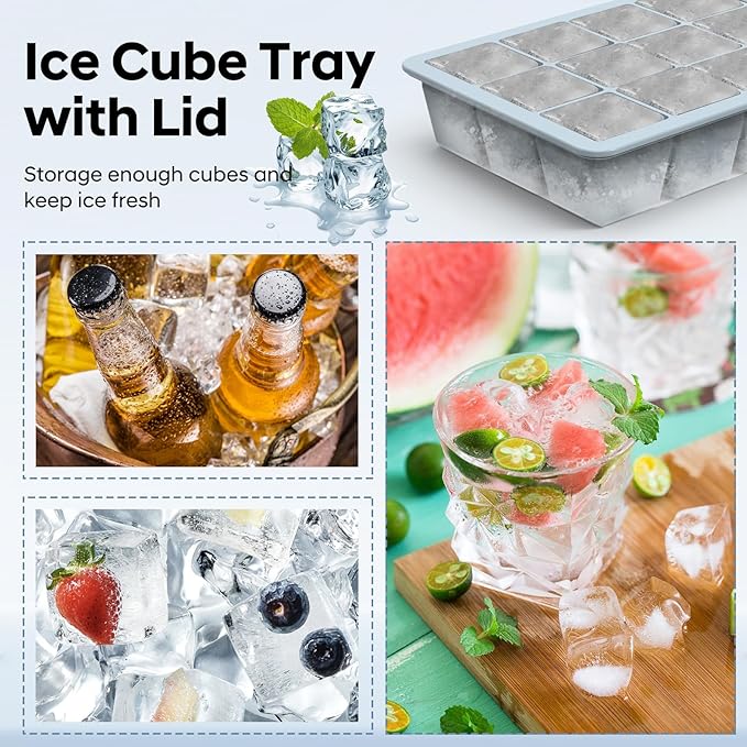 HANCELANT Silicone Ice Cube Trays Set of 2, Easy Release 15 Square with Removable Lid Reusable Freezer Stackable for Whiskey, Cocktails and Homemade, Keep Drinks Chilled, BPA Free, Blue