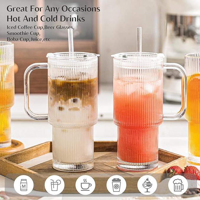 INSETLAN 24oz Ribbed Glass Tumbler with Handle & Lid – 2-Pack Large Iced Coffee Cups with Straws, Modern Glass Mug for Cold & Hot Beverages, Aesthetic Travel Cup for Smoothies, Tea, and Juice