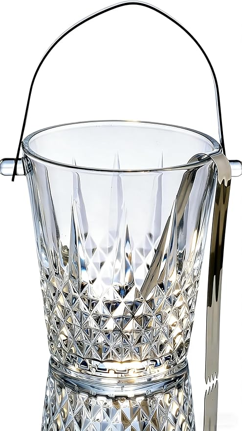 Glass Ice Bucket with Handle and Stainless Steel Tongs - Glass Ice Buckets for Party,Wine, Beer, Champagne, Cocktail Bar, Mini & Portable, 1000ml