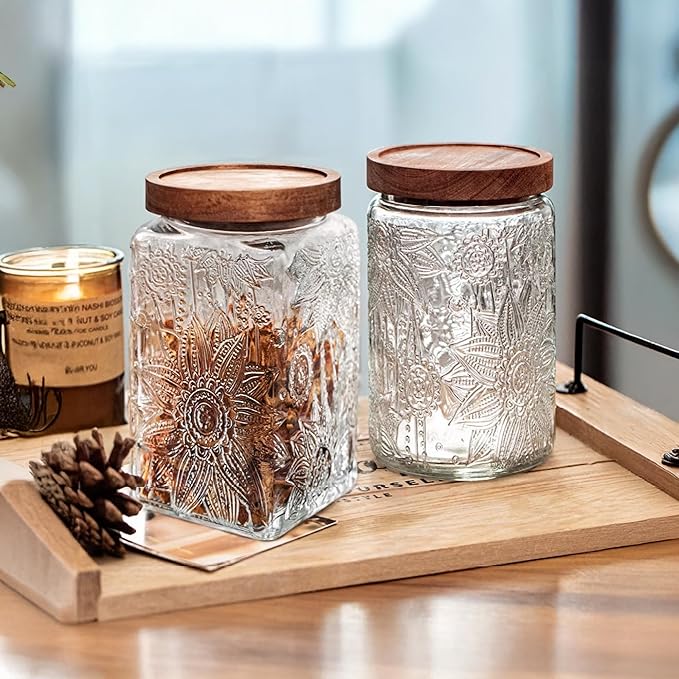 Custde Glass Storage Jars With Airtight Lid, 35oz Container For Kitchen Counter with Wood Lid, brown sugar, candy, coffee, cookie, salt, tea, cute Jar (Large Square Sunflower)