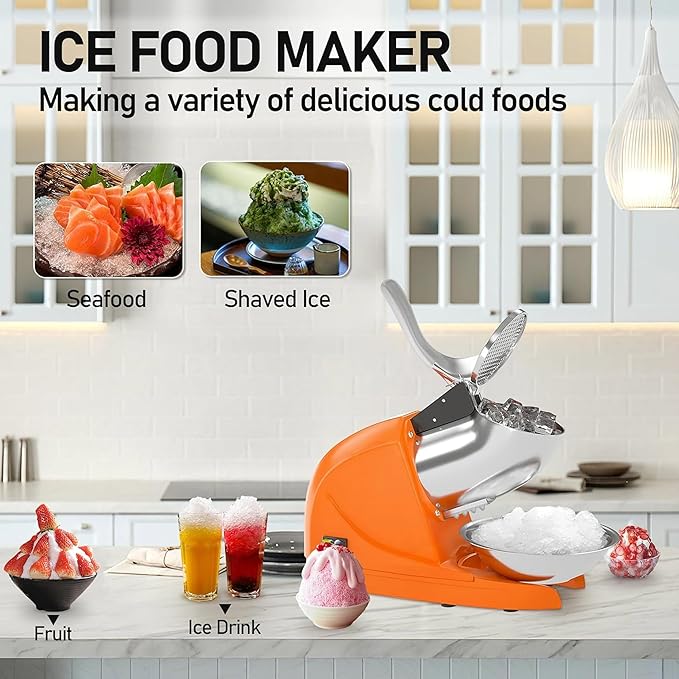 Shaved Ice Machine, Electric 3 Blade Snow Cone Machine, 380W Crusher Ice Maker, 286 lb/hr Ice Crusher, Commercial and Home Ice Crusher (Orange)