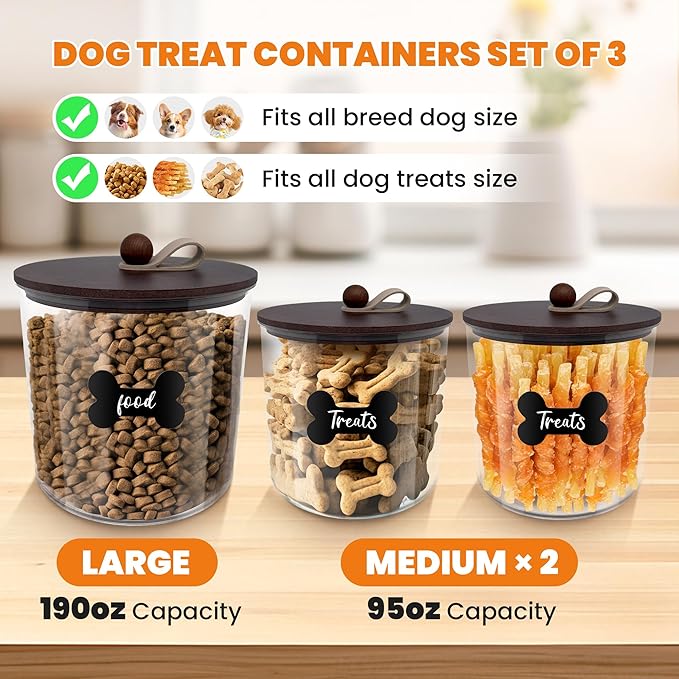 HOYTAMDAR 3 Pack Airtight Dog Food Storage Container, Dog Treat Container Dog Food Container with Wood Lids 8x7''&6x5'',Pet Food Storage Container,Cat Food Containers with Scoops,Clamp,Labels,Pens