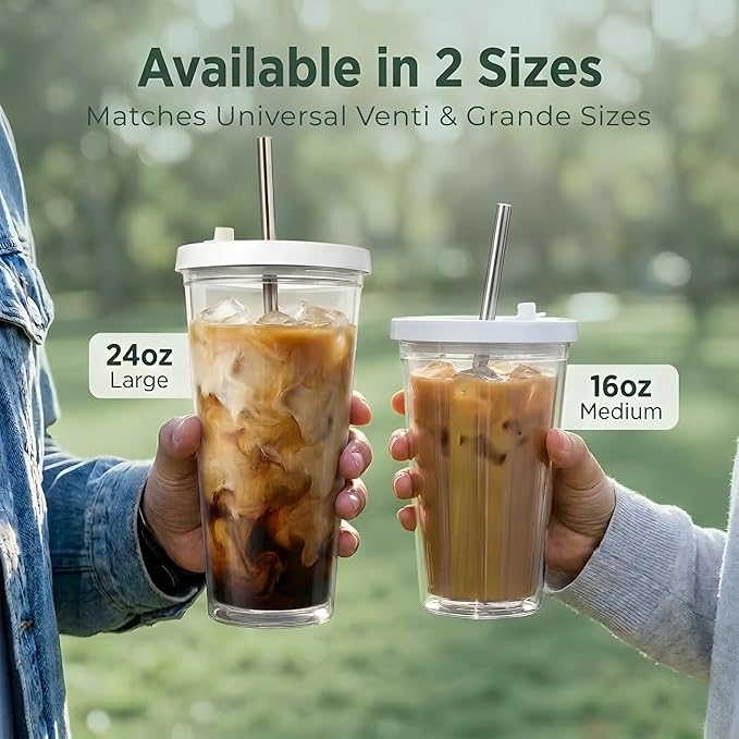 Kensal Home Reusable Iced Coffee Cup (24 Oz/Venti), Leak Proof and Double Wall Insulated Iced Coffee Tumbler, Come with Reusable Plastic and Metal Straws and Straw Cleaner - White