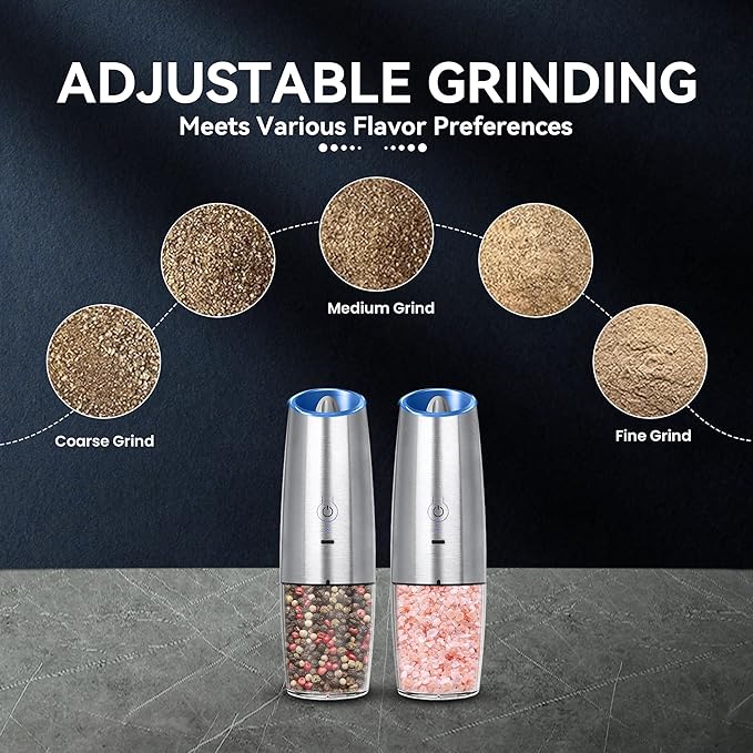UNNEES Rechargeable Electric Salt and Pepper Grinder set of 2, gravity electric salt and pepper grinder set, Adjustable Roughness, LED Light, 2 Pack, (Silver)