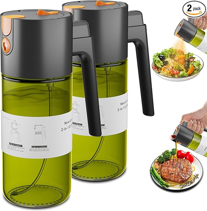 LAKUMIQI 2 in 1 Oil Sprayer for Cooking, 17oz Light-Blocking Glass Spray Bottle with Stickers, Oil Dispenser for Salad, Air Fryer & BBQ