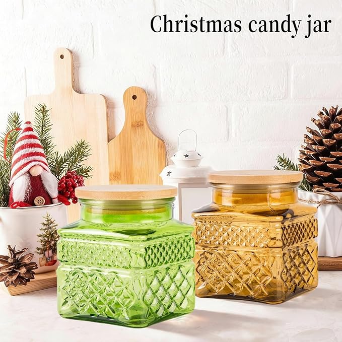 Glass Storage Canister with Airtight Lids, 20.3 FL OZ Thick Glass Candy Jar for Coffee Bean, Cocoa powder,Dog treats, Snacks Vintage Decorative Square Glass Jars for Coffee Bar Kitchen Party Counter