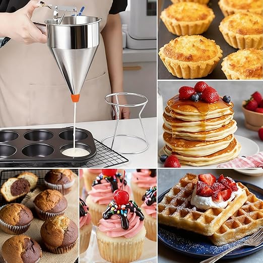 Pancake Batter Dispenser, Large 40oz/1200ml Multi-Caliber Stainless Steel Funnel Cake Dispenser with Stand for Commercial and Home Use