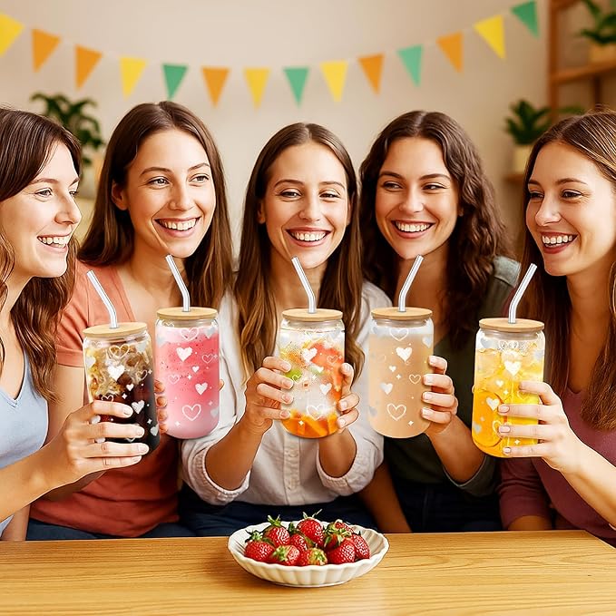 Glass Cups with Lids and Straws – 4 Pack 16oz Heart Tumblers for Cold Drinks, Iced Coffee, Tea, Juice – Sharing Drinkware for Friends, Couples & Gifts