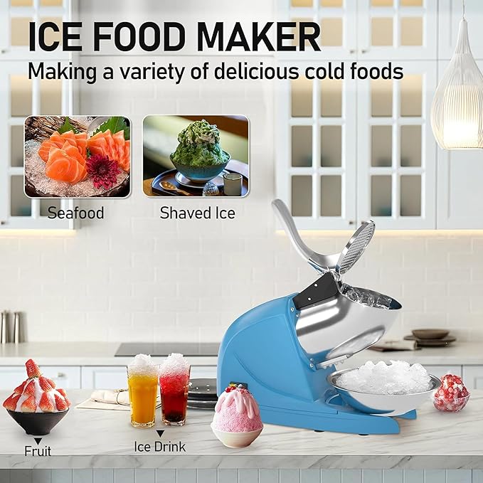 Shaved Ice Machine, Electric 3 Blade Snow Cone Machine, 380W Crusher Ice Maker, 286 lb/hr Ice Crusher, Commercial and Home Ice Crusher (Blue)