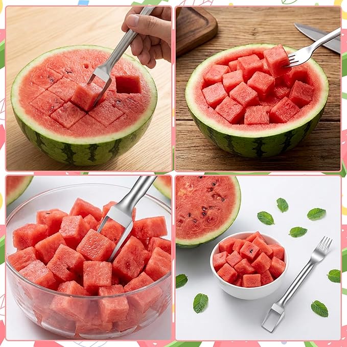 2-in-1 Watermelon Cutter, Stainless Steel Fruit Watermelon Slicer Dual Head Watermelons Fork Slicer Tool, Summer Fruit Cutting Kitchen Gadget Portable Kitchen Tool for Home