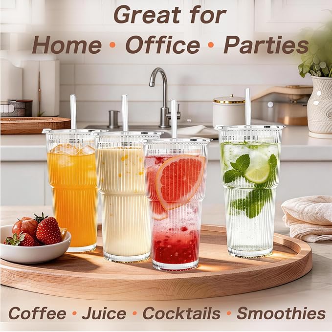 20oz Glass Tumblers with Lids and Straws, Set of 4, Reusable Iced Coffee Cups, Vintage Drinking Glasses, Ribbed Glassware for Cocktail Beer, Juice, Home, Office, Party Gifts, Dishwasher Safe