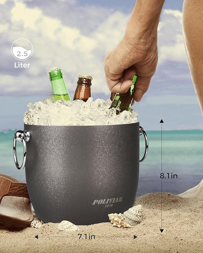 POLIVIAR Ice Bucket, 2.5L Double Wall Ice Bucket with Lid, Stainless Steel Ice Bucket with Tong & Strainer, Ice Bucket for Cocktail Bar, Home & Parties, JX2023-IBLY