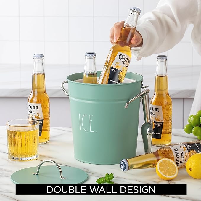 Rae Dunn Ice Bucket with Scoop - Stainless Steel Bucket with Handle, Lid and Ice Scooper - 4 Qt. Storage Bin for Ice Cubes for Bars, Parties, Backyard Barbeques, Picnics, and Camping (Sage)