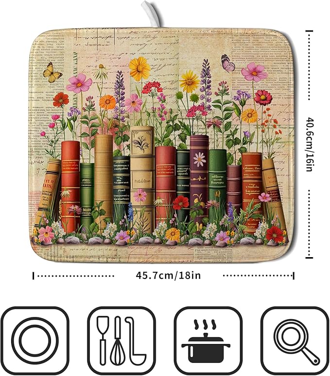 Colorful Books Kitchen Drying Mat - Watercolor Floral Drying Matt Kitchen Counter 16 X 18 In