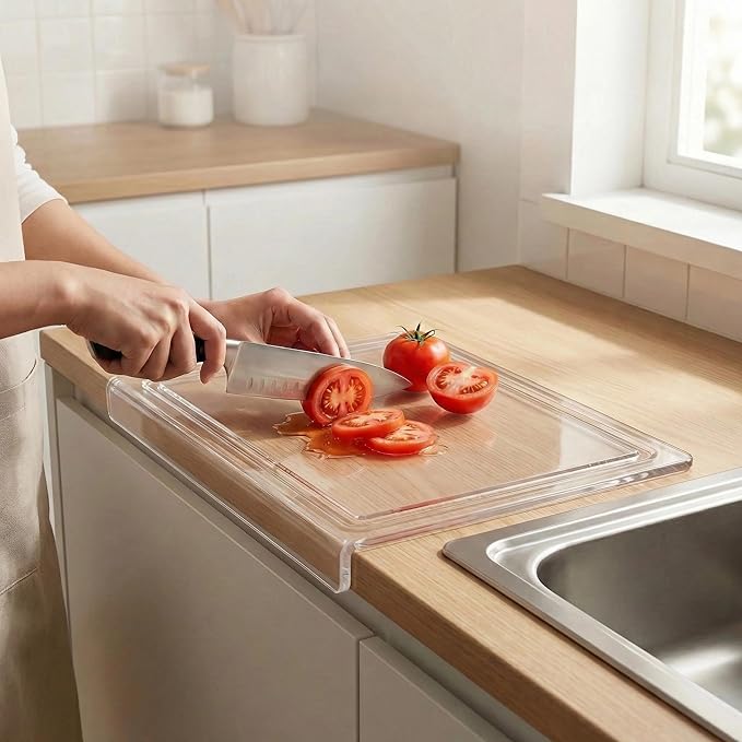 Acrylic Cutting Board with Counter Lip,18x14 Inch Clear Chopping Board, Non-Slip Ease to Clean Anti-Scratch Kitchen Cutting Boards with Lip for Countertop,Ideal for Food-Fruits,Bread,Vegetables Prep