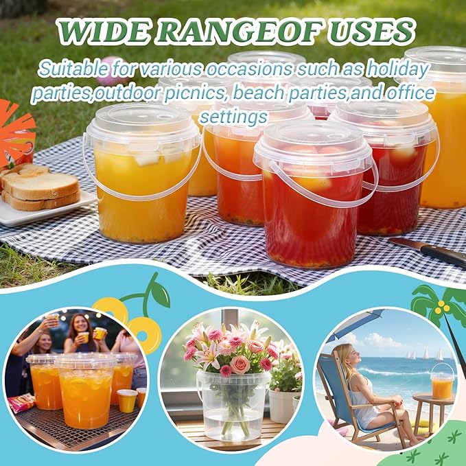 Clear Plastic Cups with Lid and Straw, Reusable Drink Bucket with Handle for Iced Coffee, Smoothie, Ice Cream - Sturdy Food Safe Party Cups for Pool, Beach, Birthday Parties (50Pack, 32 oz)