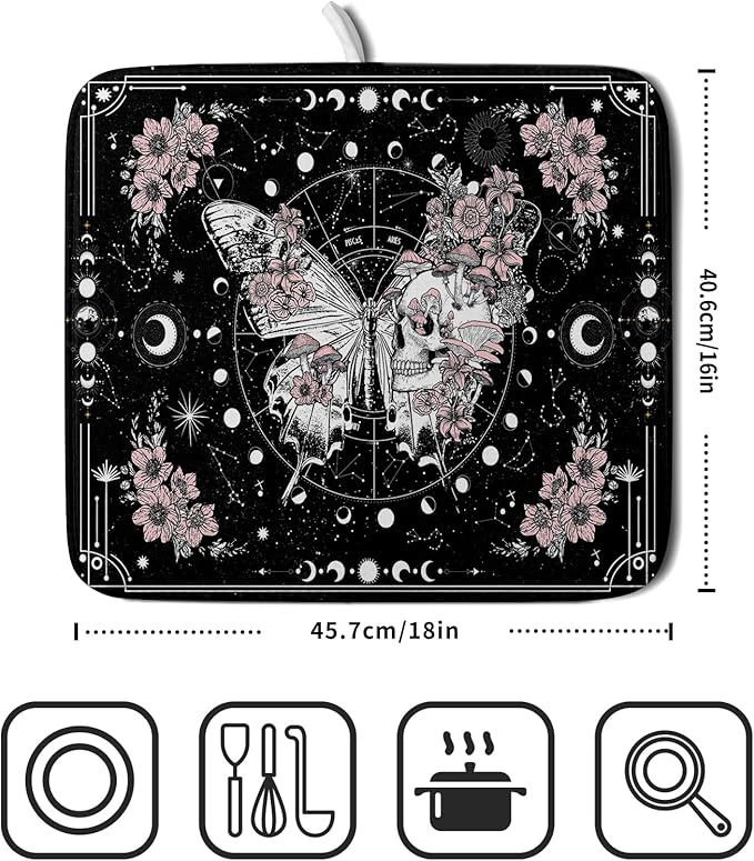 Skeleton Butterfly Dish Drying Mat Black Skull Absorbent Dish Drainer for Kitchen Counter Holiday Decor