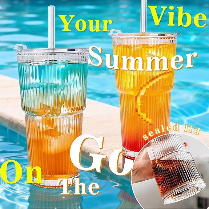 20oz Glass Tumblers with Lids and Straws, Reusable Iced Coffee Cups, Vintage Drinking Glasses, Ribbed Glassware for Whiskey Cocktail Beer, Juice, Style Glasses for Party, Gifts