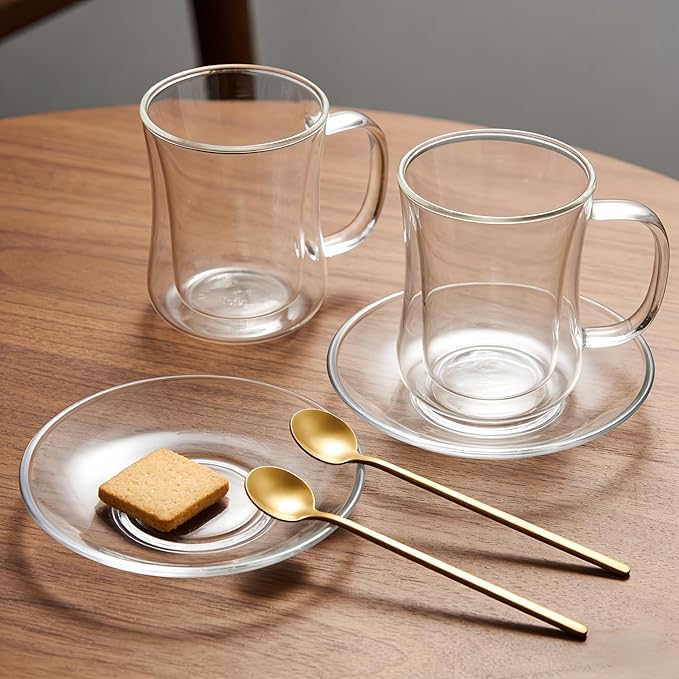Double Wall Glass Coffee Mugs Set, Teacup with Saucer and Spoon Set of 2 Pack, 8.5oz/260ml for Cappuccino, Latte, Hot and Cold Drinks (Clear - Waisted Style - 2 Pack)