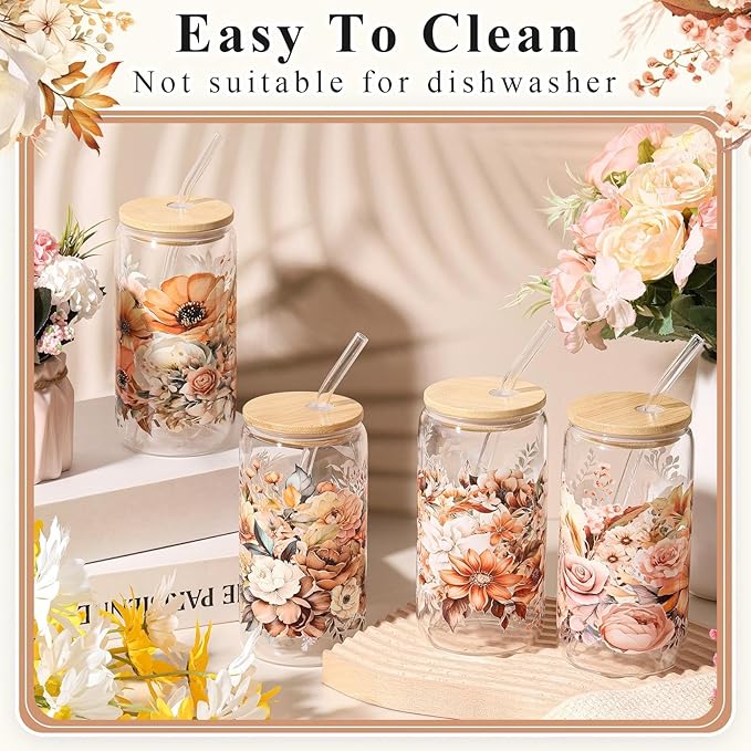 Mumufy 4 Pack Gift for Women Cute Glass Cup Tumbler Flower Iced Coffee Mugs 16 oz Glass with Bamboo Lid & Straw, Mothers Day Birthday Gift for Mom Sister Bridesmaid Baby Shower(Brown Flower)