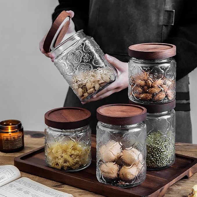 Custde Glass Storage Jars With Airtight Lid, 23.7oz Container For Kitchen Counter with Wooden Lid, brown sugar, candy, coffee, cookie, salt, tea, cute Jar (35oz Large Begonia Flowers)