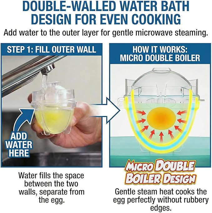Microwave Egg Cooker (2 Pack), Rapid Hard Boiled Egg Maker & Poacher for Breakfast Sandwiches, BPA-Free Double Boiler Cups with Yolk Piercer, Non-Stick No Shell Peeling, Portable for Dorm & Office, Transparent
